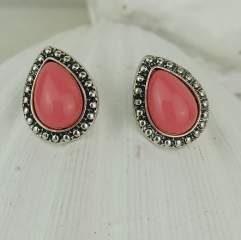 Pink Teardrop Silver Tone Southwest Style Stud Earrings